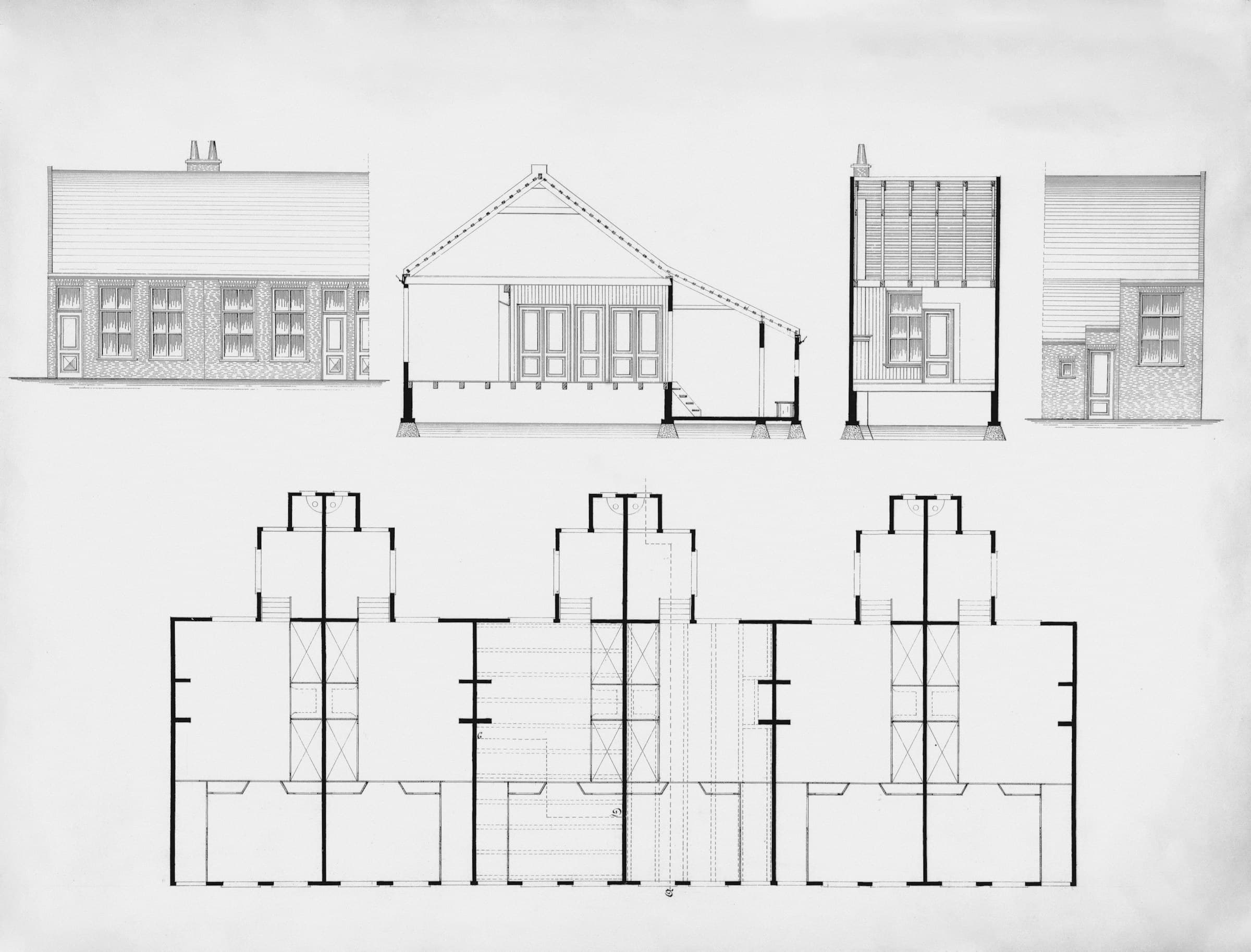 An archival sheet of architectural drawings: a front elevation, a cross section through the roof and interior, a side elevation, and a rear elevation, with measured floor plans below them.