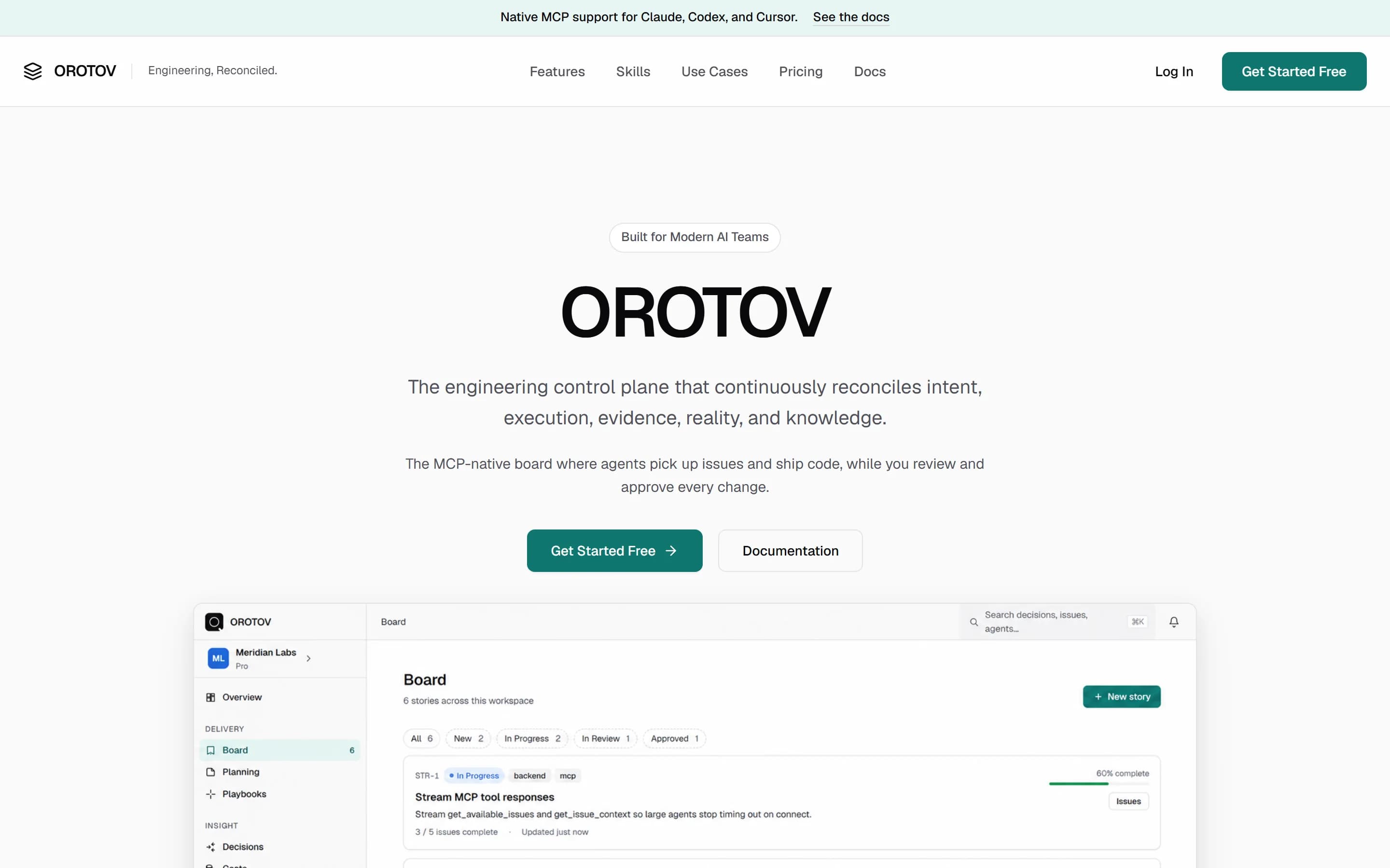 The Orotov home page at desktop width: an announcement bar about MCP, the navigation, the OROTOV wordmark, the engineering control plane description, buttons labelled Get Started Free and Documentation, and the top of the product's own Board screen below them.